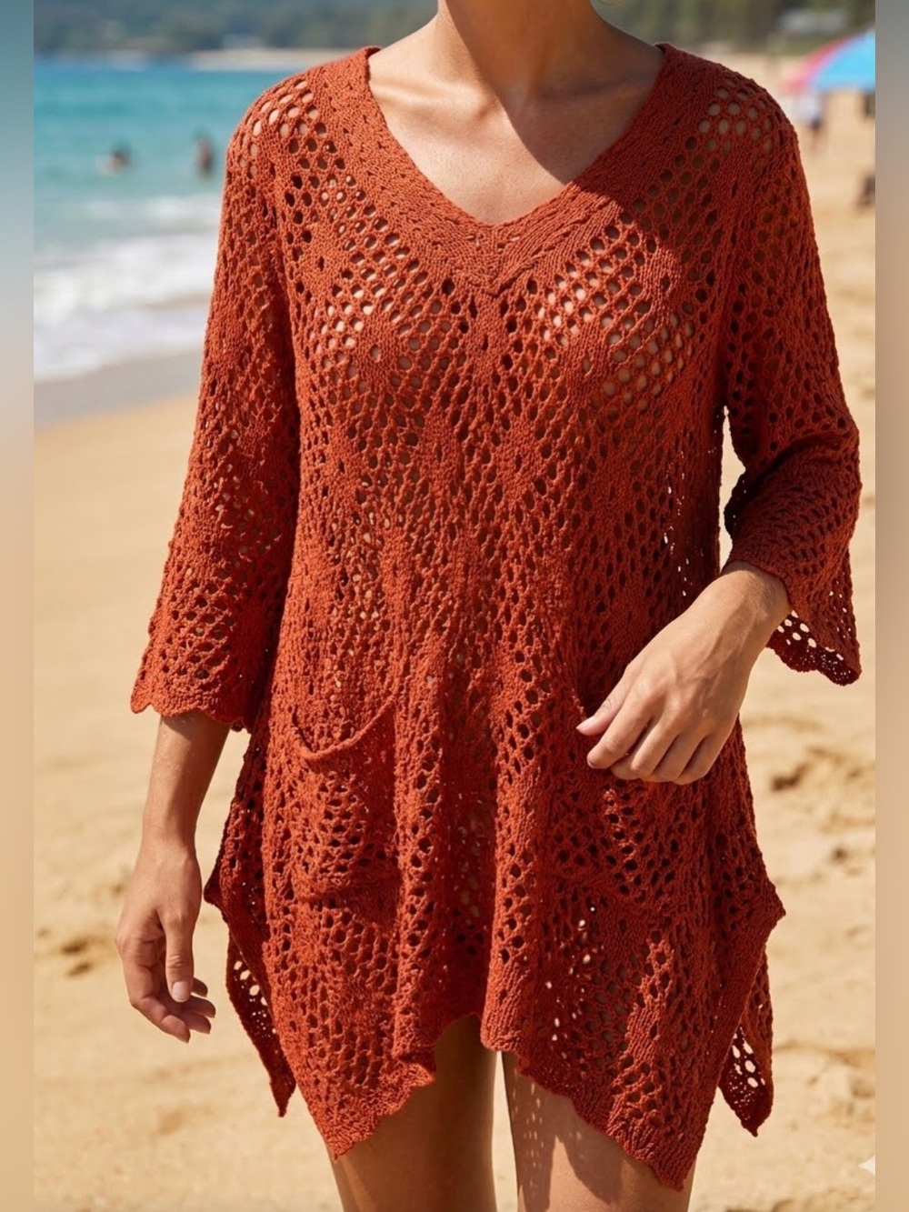 Sand & Spirit Red Open Knit Pullover Sweater Size Large Beach Swimsuit Coverup